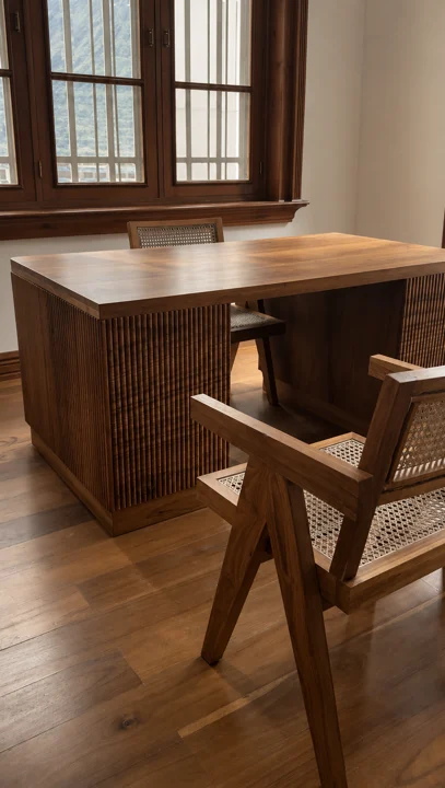 A handmade hardwood desk with closely spaced vertical detailing and cane chairs