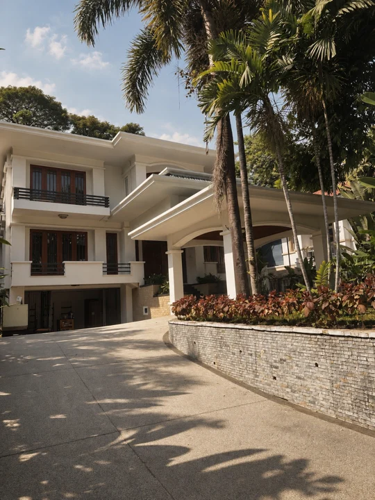 An ivory private residence with a sheltered arrival, mature palms and a stone garden wall