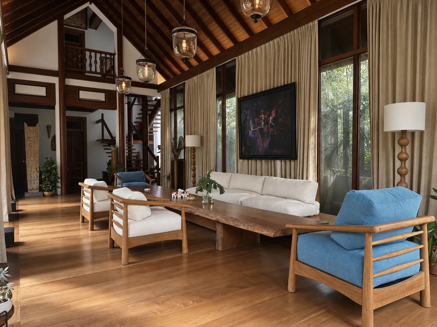 Vaulted living room under a teak roof